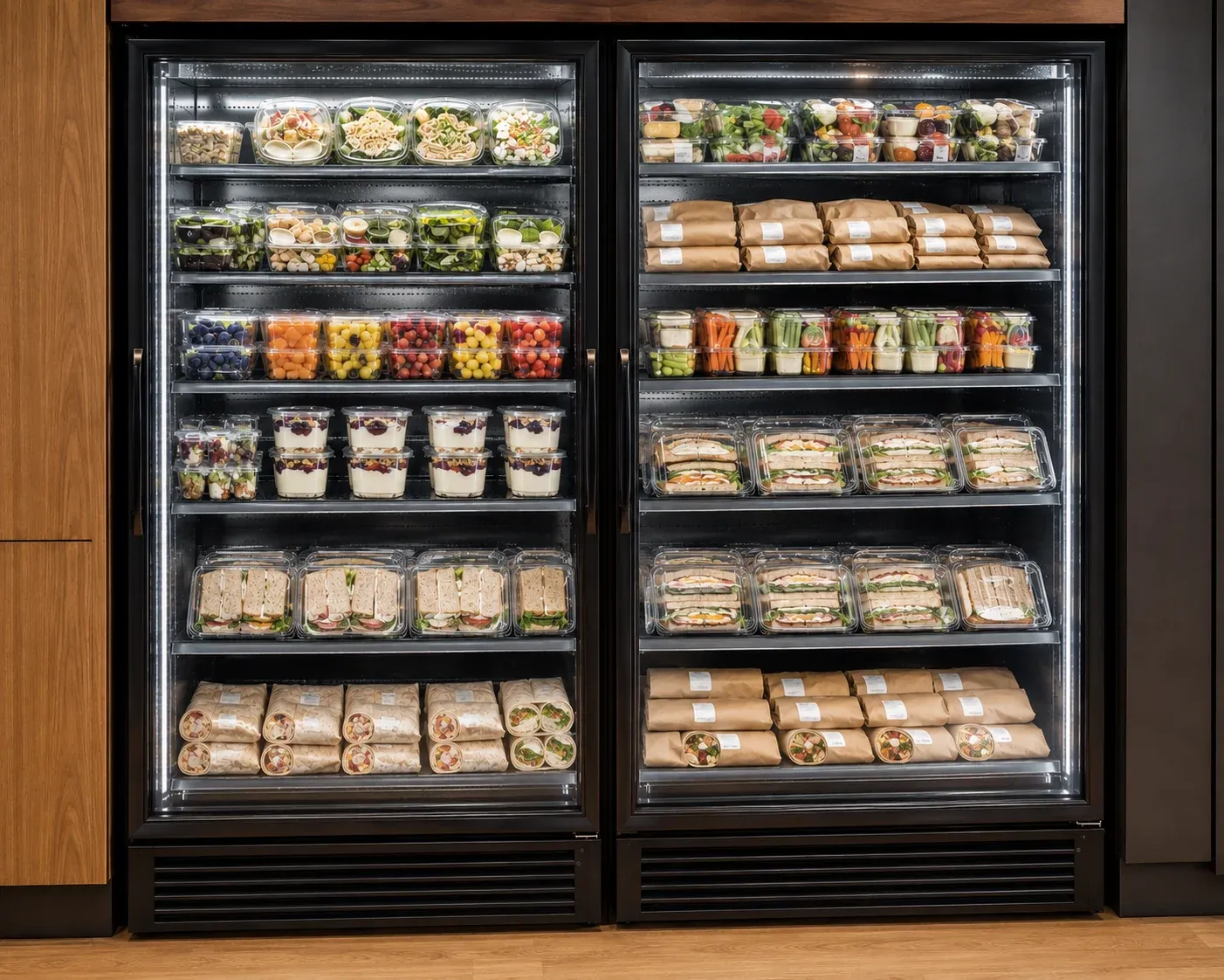 Refrigerated cooler stocked with salads, sandwiches, wraps, and yogurt parfaits