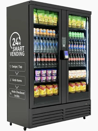 Smart cooler with door graphics explaining swipe, grab, and automatic checkout