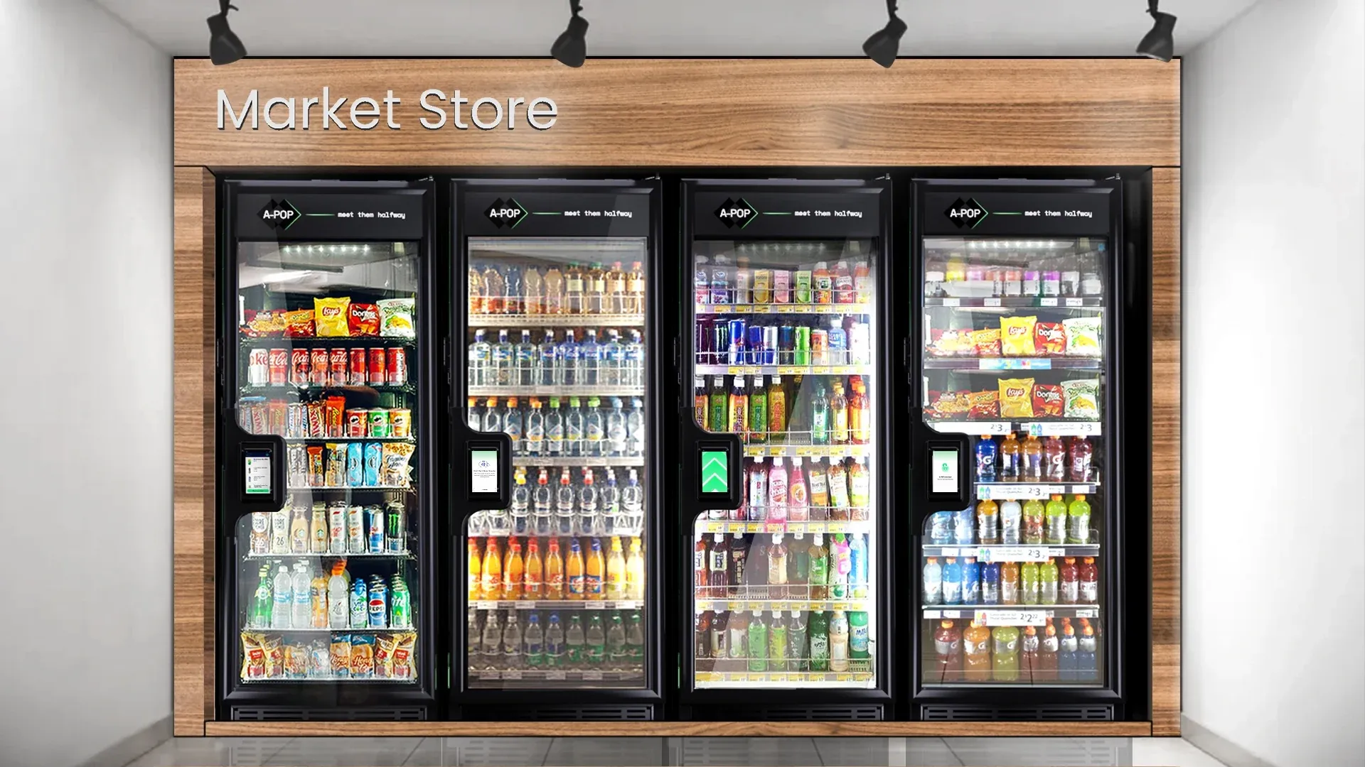 Four-door smart cooler wall stocked with drinks and grab-and-go items