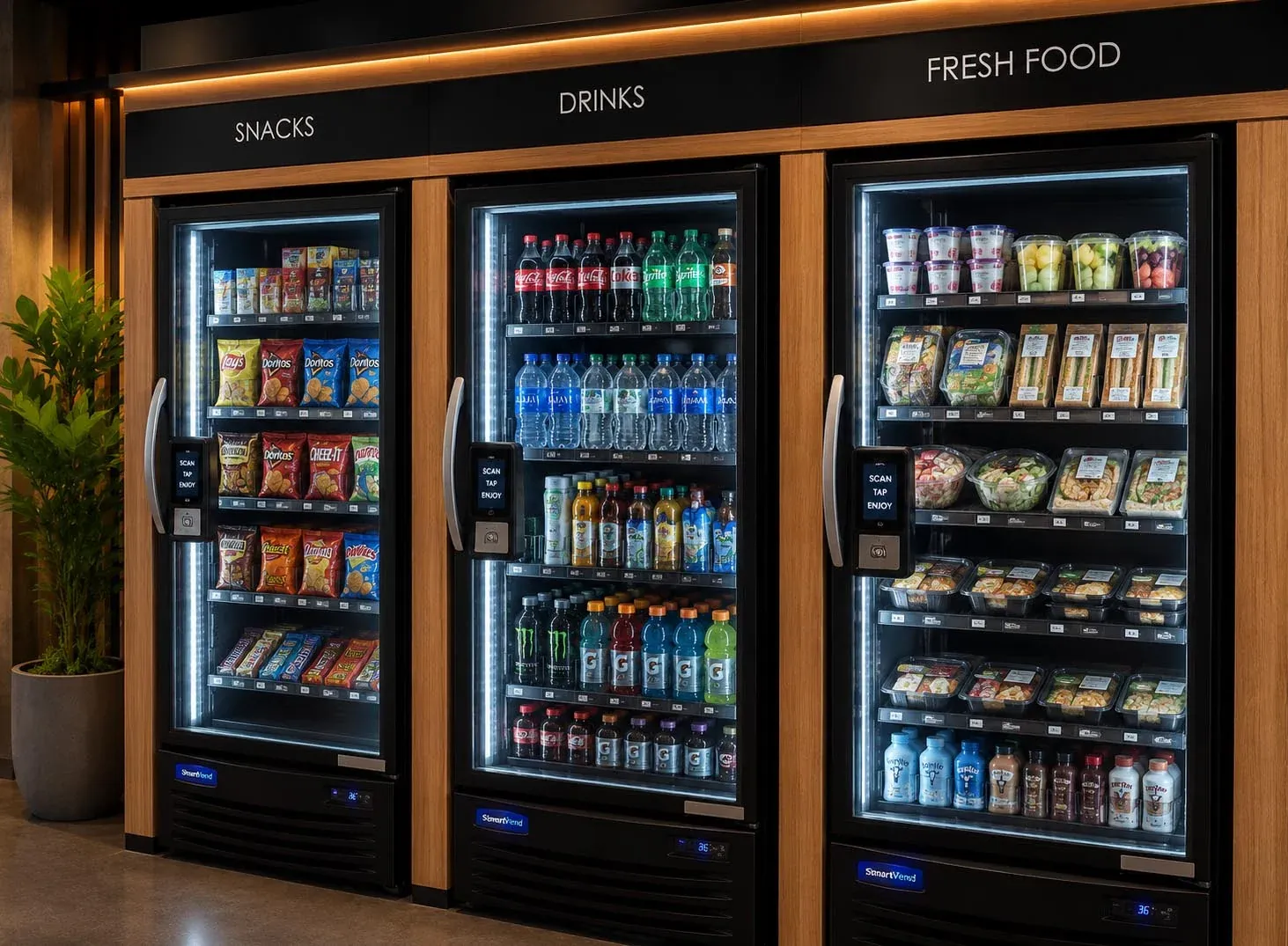 Three-bay smart cooler wall labeled snacks, drinks, and fresh food in a breakroom