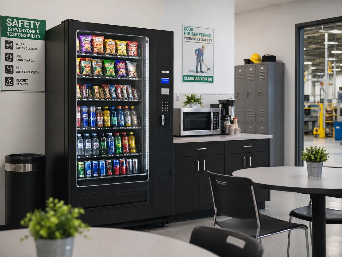 Snack and drink vending machine in an industrial breakroom with safety signage