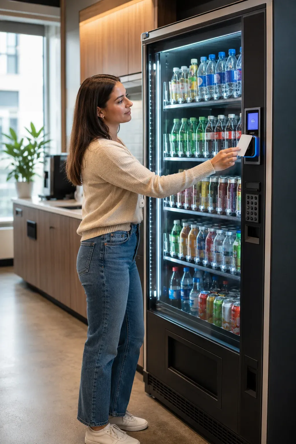 Employee tapping a payment card at a glass-front vending machine